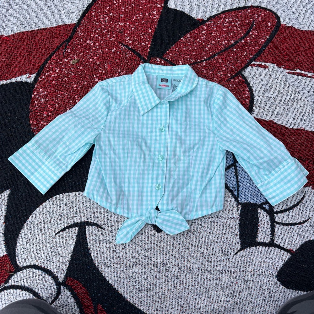 VINTAGE FADED GLORY BLUE GINGHAM PRINT TIE FRONT SHIRT SIZE 5 GIRLS